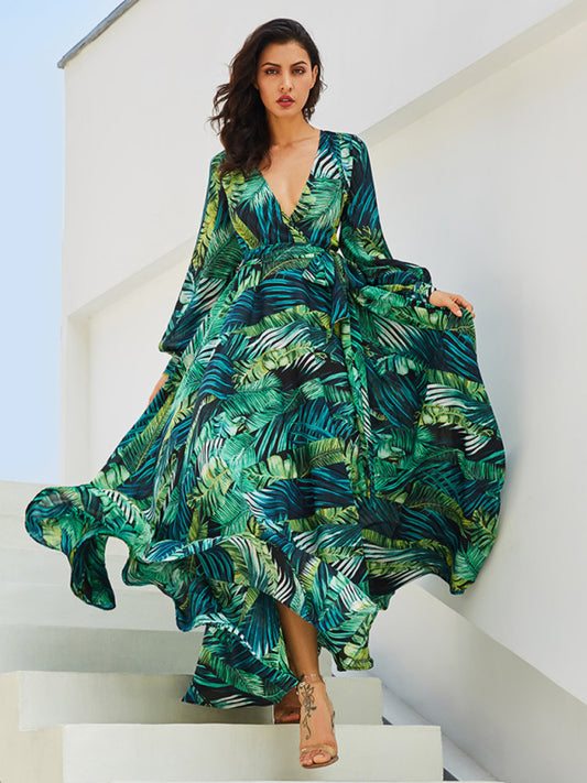 Lantern Sleeve V Neck Tie Leaf Print Swing Dress kakaclo