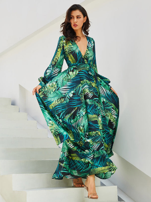 Lantern Sleeve V Neck Tie Leaf Print Swing Dress kakaclo