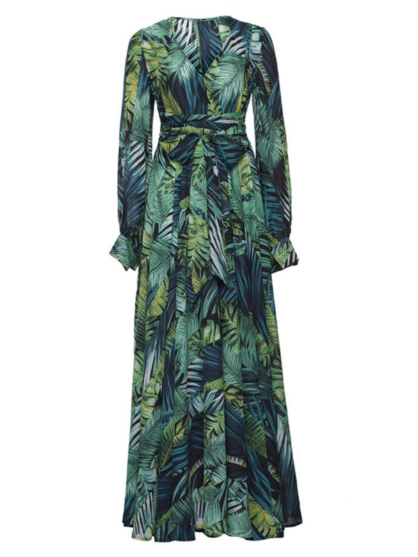 Lantern Sleeve V Neck Tie Leaf Print Swing Dress kakaclo
