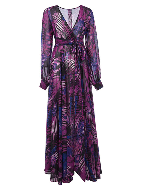 Lantern Sleeve V Neck Tie Leaf Print Swing Dress kakaclo