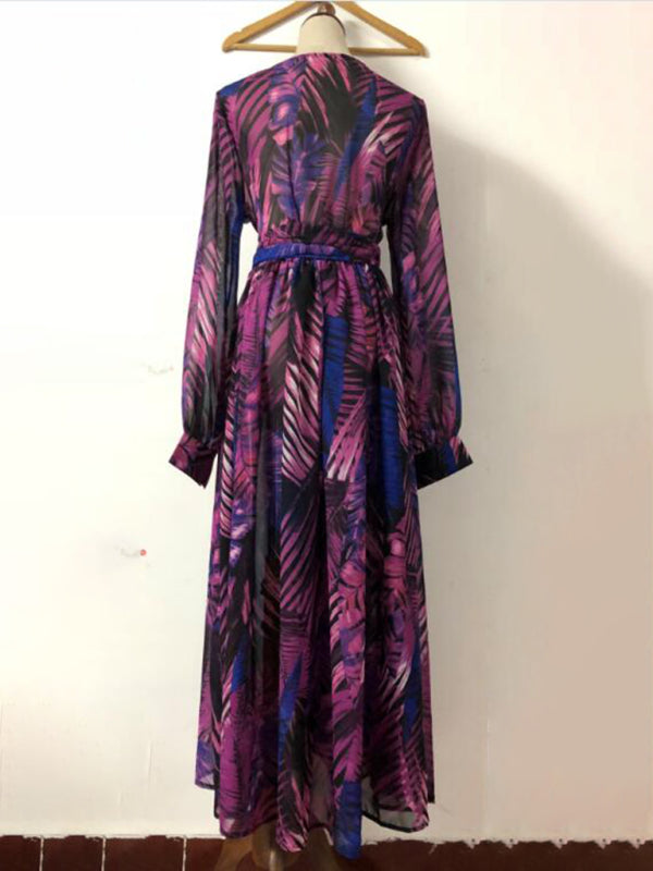 Lantern Sleeve V Neck Tie Leaf Print Swing Dress kakaclo