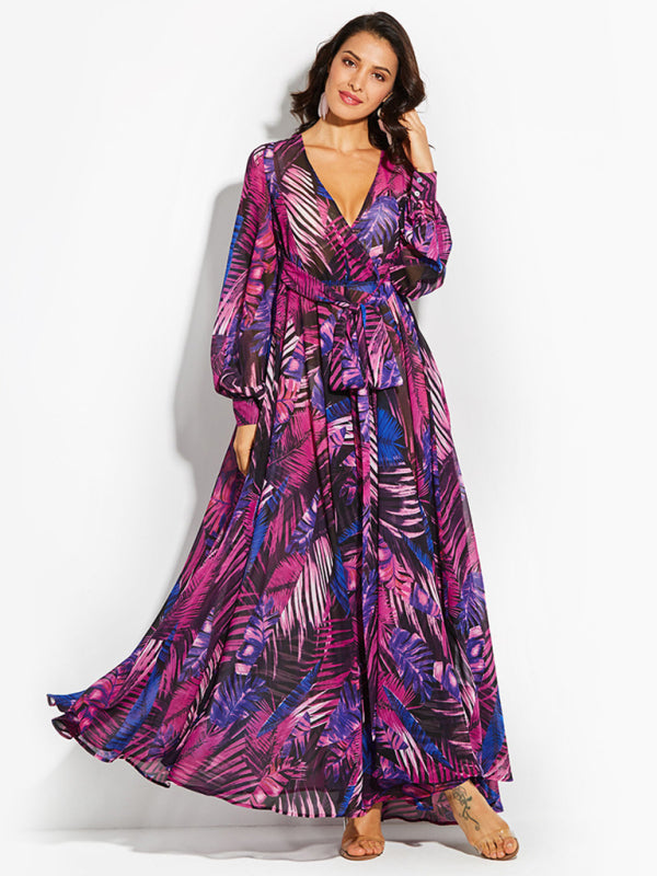 Lantern Sleeve V Neck Tie Leaf Print Swing Dress kakaclo
