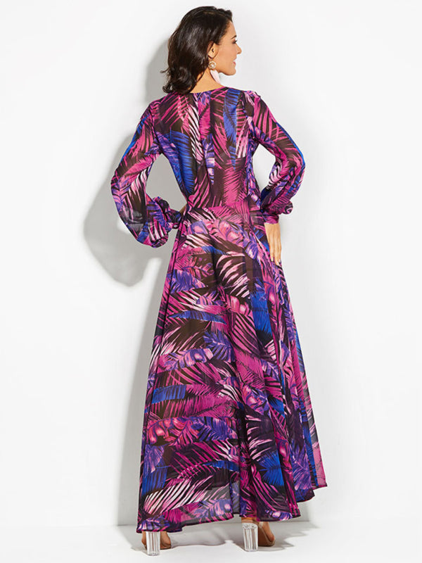 Lantern Sleeve V Neck Tie Leaf Print Swing Dress kakaclo
