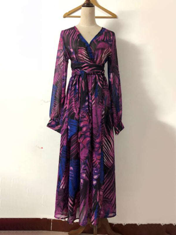 Lantern Sleeve V Neck Tie Leaf Print Swing Dress kakaclo