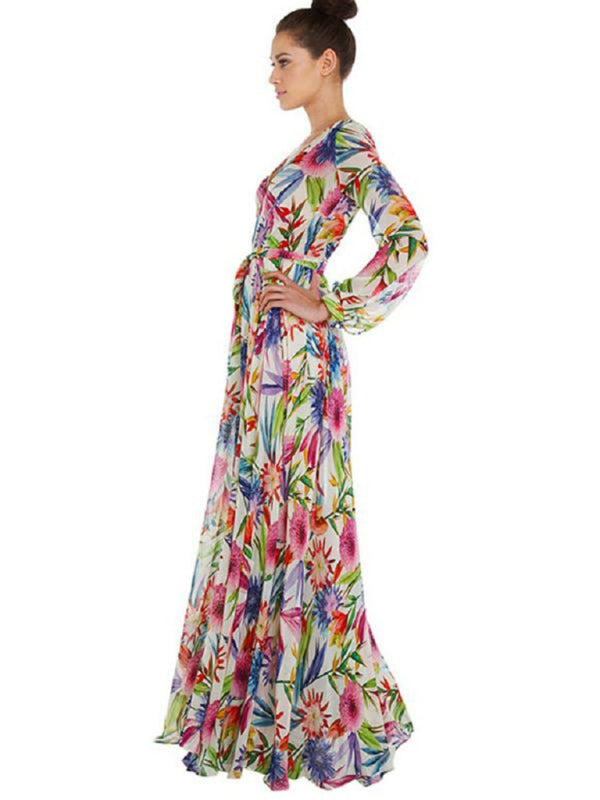 Lantern Sleeve V Neck Tie Leaf Print Swing Dress kakaclo
