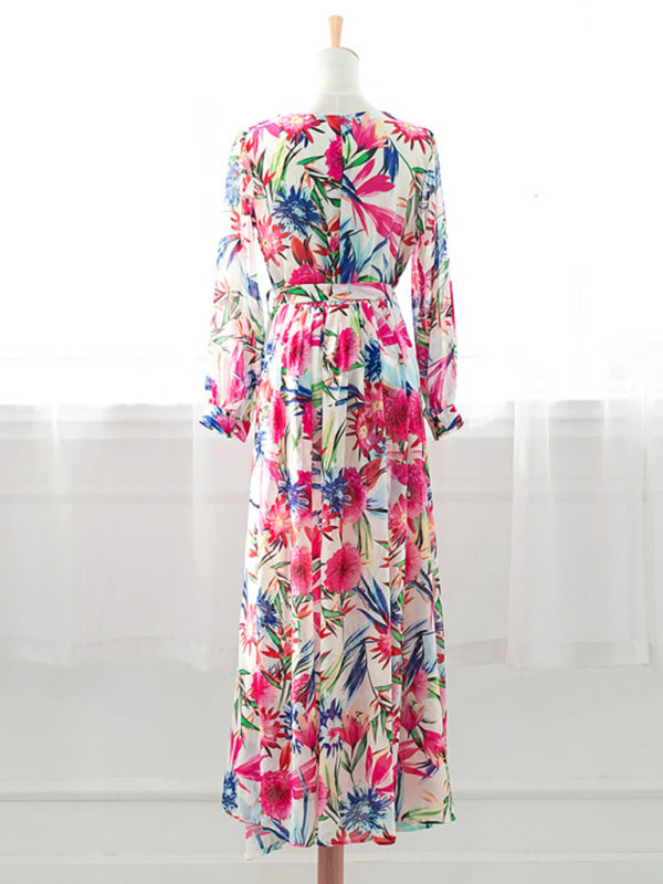 Lantern Sleeve V Neck Tie Leaf Print Swing Dress kakaclo