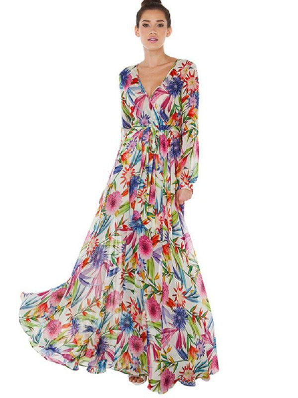 Lantern Sleeve V Neck Tie Leaf Print Swing Dress kakaclo
