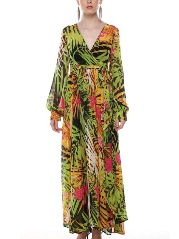 Lantern Sleeve V Neck Tie Leaf Print Swing Dress kakaclo