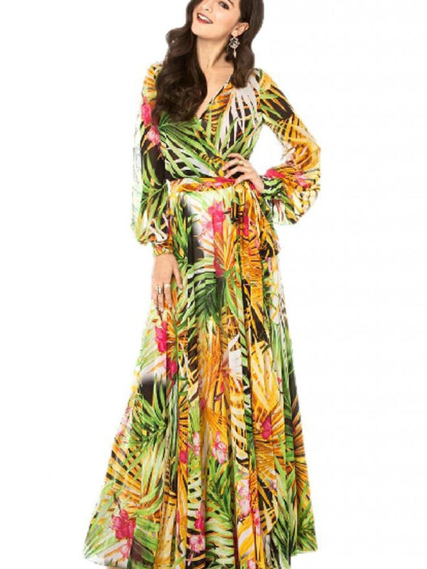 Lantern Sleeve V Neck Tie Leaf Print Swing Dress kakaclo
