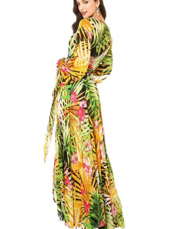 Lantern Sleeve V Neck Tie Leaf Print Swing Dress kakaclo
