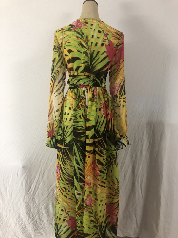 Lantern Sleeve V Neck Tie Leaf Print Swing Dress kakaclo