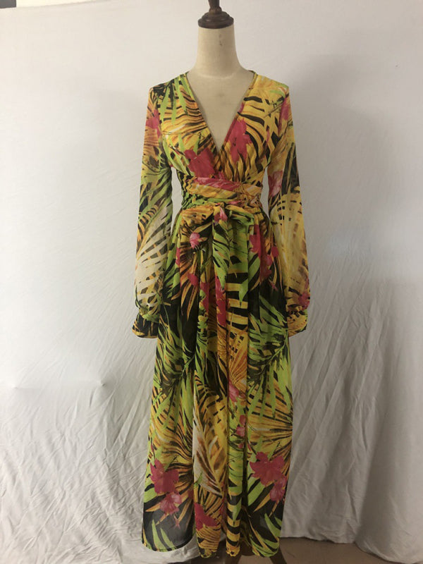 Lantern Sleeve V Neck Tie Leaf Print Swing Dress kakaclo