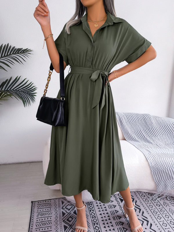 Solid Color Loose Tie Shirt Dress Long Skirt kakaclo