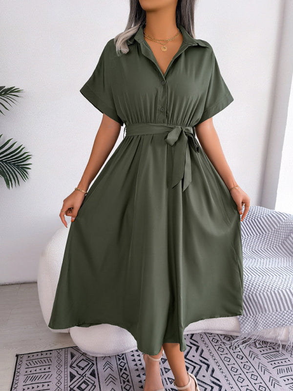 Solid Color Loose Tie Shirt Dress Long Skirt kakaclo
