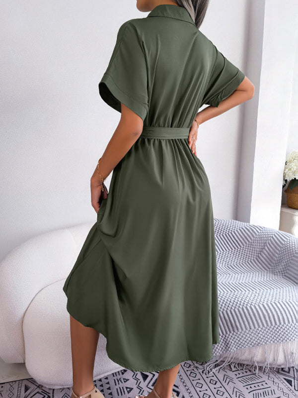 Solid Color Loose Tie Shirt Dress Long Skirt kakaclo