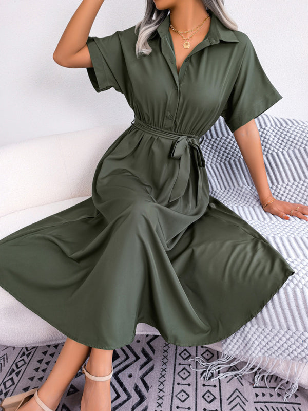 Solid Color Loose Tie Shirt Dress Long Skirt kakaclo