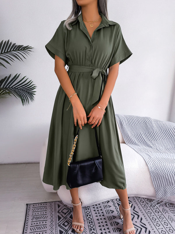 Solid Color Loose Tie Shirt Dress Long Skirt kakaclo