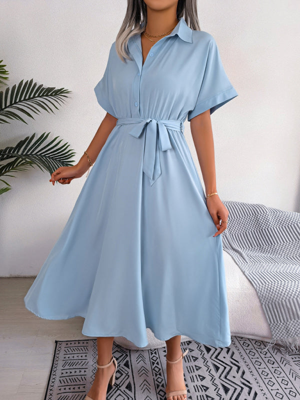 Solid Color Loose Tie Shirt Dress Long Skirt kakaclo