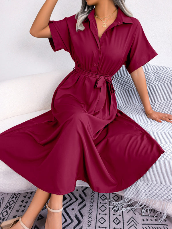 Solid Color Loose Tie Shirt Dress Long Skirt kakaclo