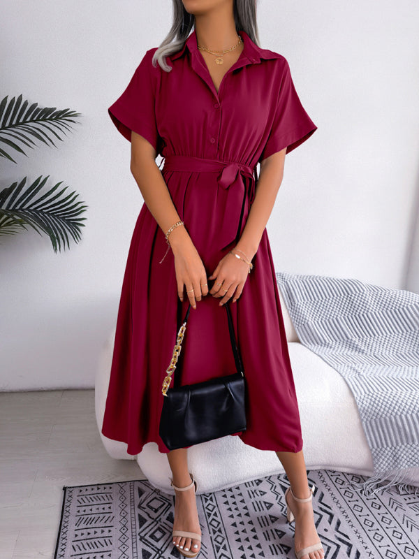 Solid Color Loose Tie Shirt Dress Long Skirt kakaclo