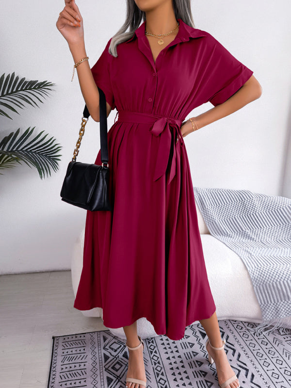 Solid Color Loose Tie Shirt Dress Long Skirt kakaclo