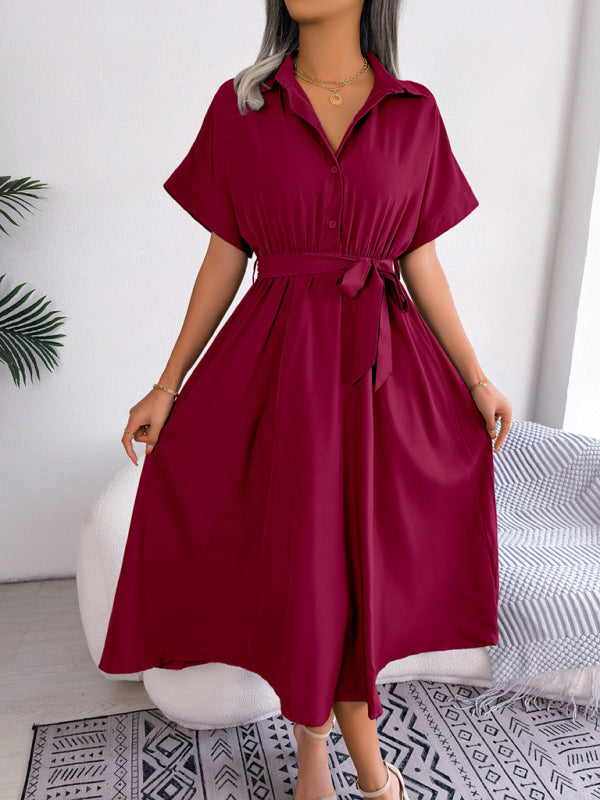 Solid Color Loose Tie Shirt Dress Long Skirt kakaclo