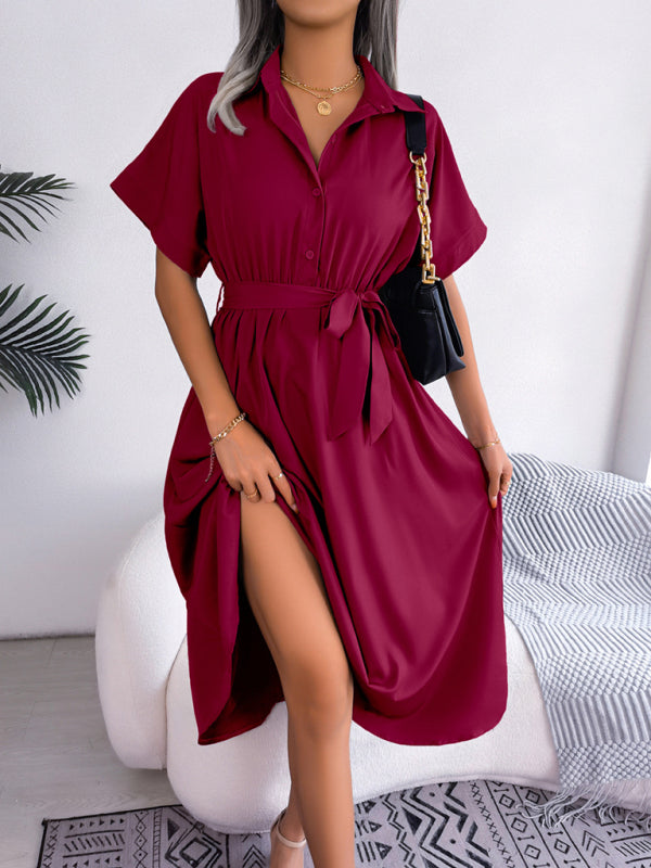 Solid Color Loose Tie Shirt Dress Long Skirt kakaclo