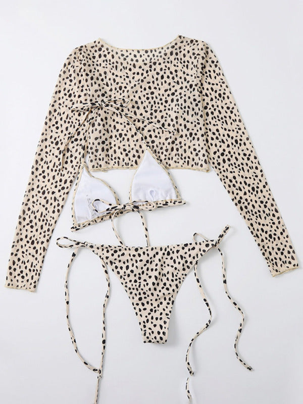 Blue Zone Planet |  New swimwear long-sleeved mesh jacket ladies three-piece swimsuit leopard print sexy bikini kakaclo