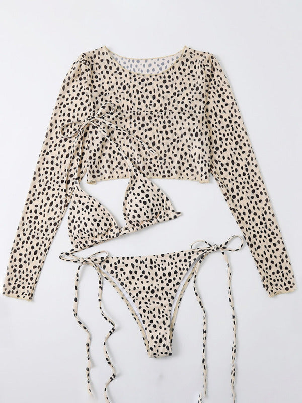 Blue Zone Planet |  New swimwear long-sleeved mesh jacket ladies three-piece swimsuit leopard print sexy bikini kakaclo