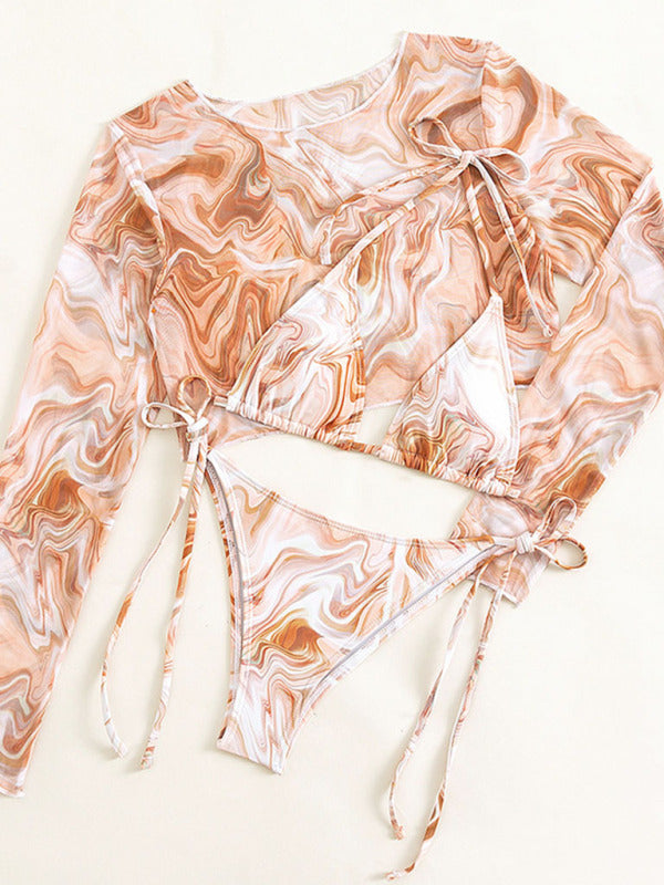 Blue Zone Planet |  New swimwear long-sleeved mesh jacket ladies three-piece swimsuit leopard print sexy bikini kakaclo