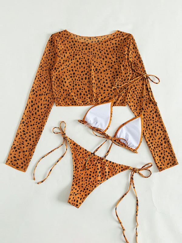 Blue Zone Planet |  New swimwear long-sleeved mesh jacket ladies three-piece swimsuit leopard print sexy bikini kakaclo