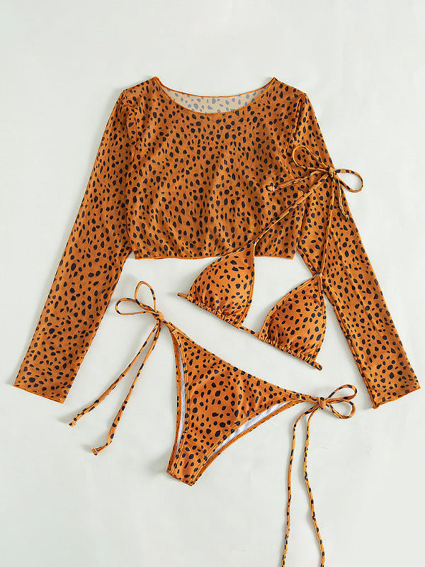 Blue Zone Planet |  New swimwear long-sleeved mesh jacket ladies three-piece swimsuit leopard print sexy bikini kakaclo