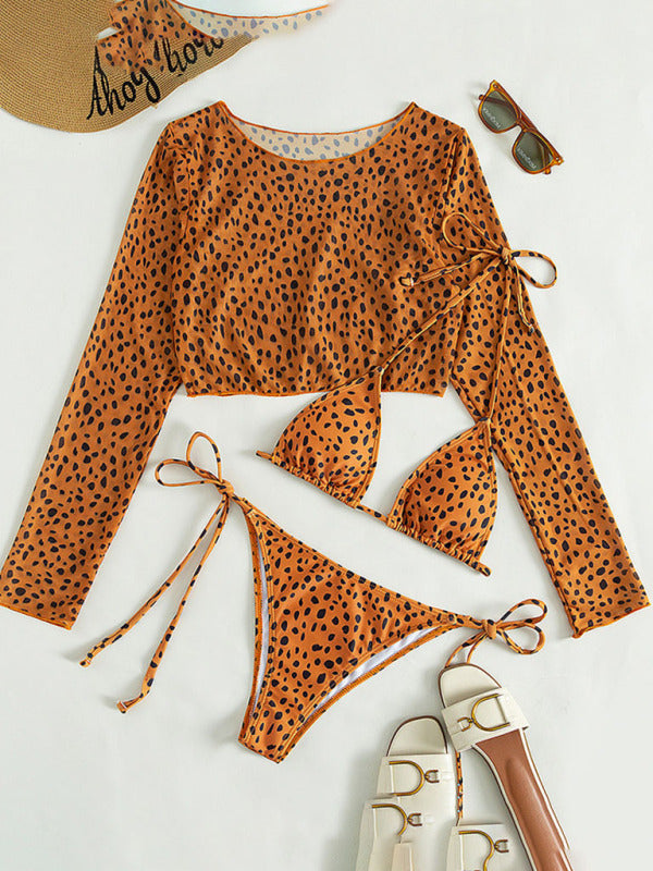 Blue Zone Planet |  New swimwear long-sleeved mesh jacket ladies three-piece swimsuit leopard print sexy bikini kakaclo