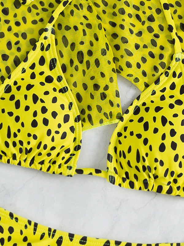 Blue Zone Planet |  New swimwear long-sleeved mesh jacket ladies three-piece swimsuit leopard print sexy bikini kakaclo
