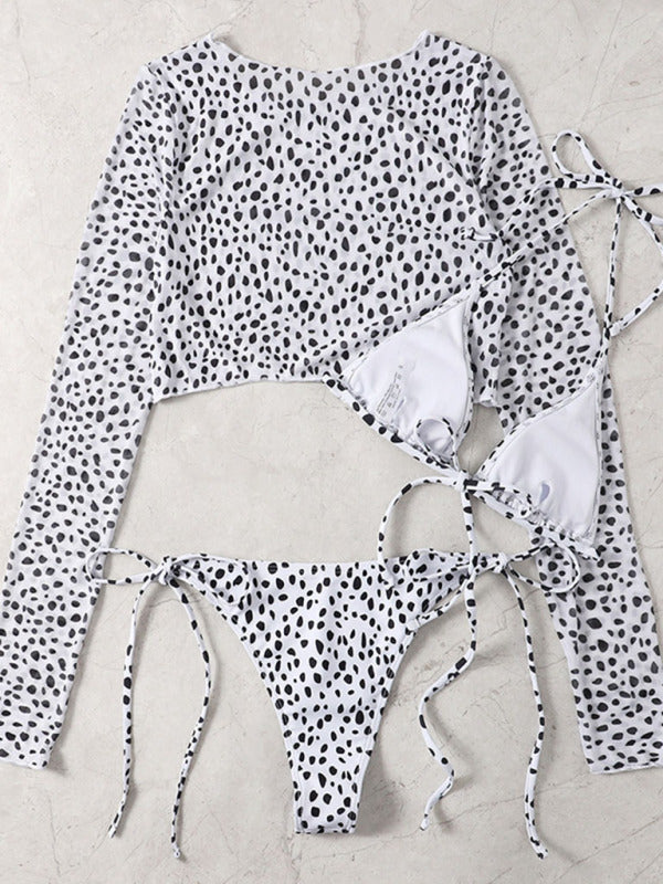 Blue Zone Planet |  New swimwear long-sleeved mesh jacket ladies three-piece swimsuit leopard print sexy bikini kakaclo