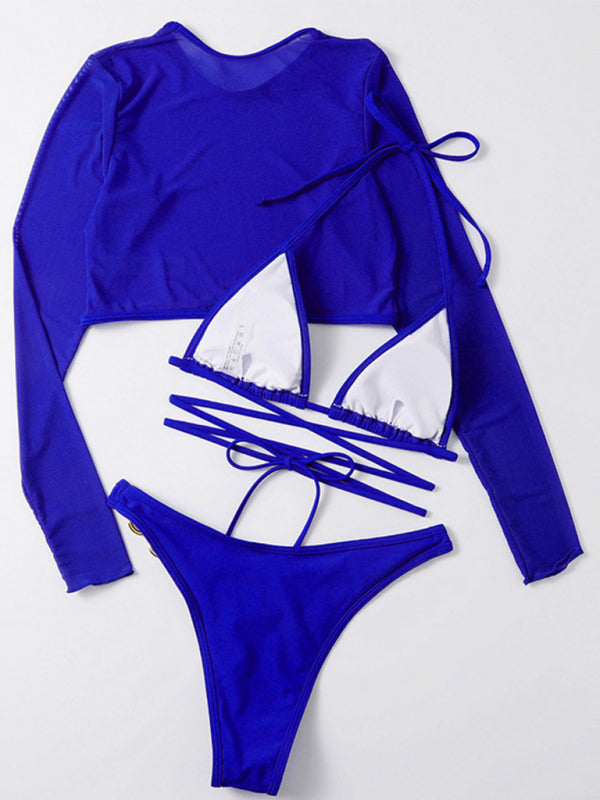 Blue Zone Planet |  Long-sleeved mesh jacket three-piece swimsuit solid color sexy bikini BLUE ZONE PLANET