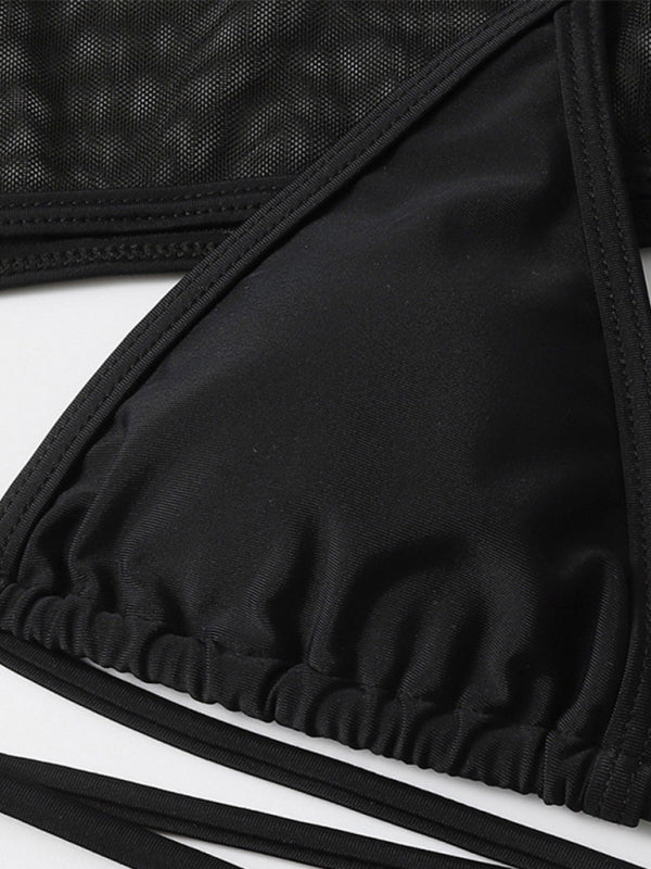 Blue Zone Planet |  Long-sleeved mesh jacket three-piece swimsuit solid color sexy bikini BLUE ZONE PLANET