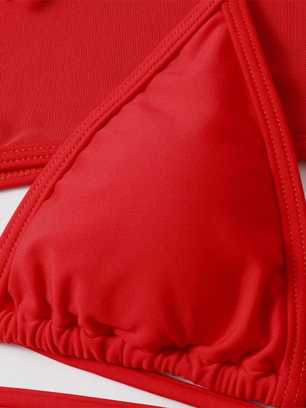 Blue Zone Planet |  Long-sleeved mesh jacket three-piece swimsuit solid color sexy bikini BLUE ZONE PLANET