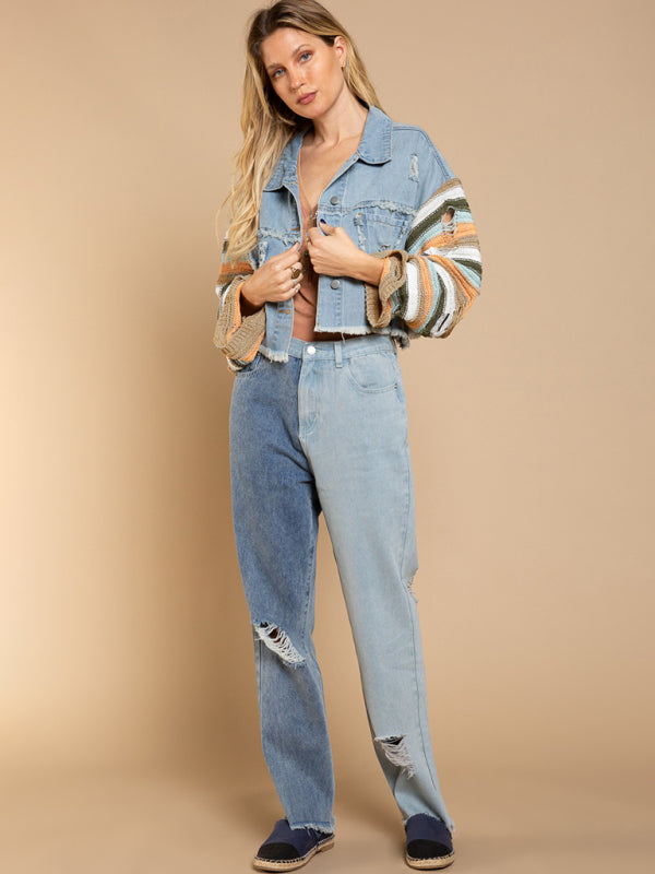 fashion denim rainbow long-sleeved splicing jacket kakaclo