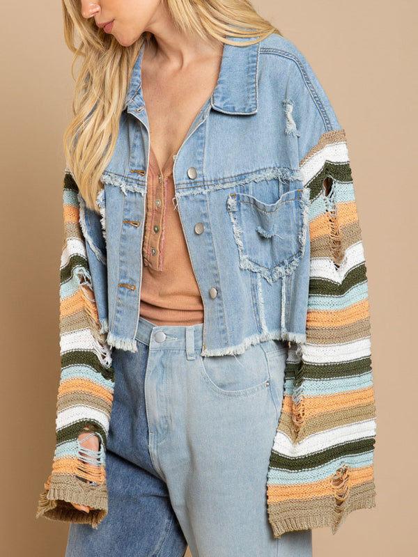 fashion denim rainbow long-sleeved splicing jacket kakaclo
