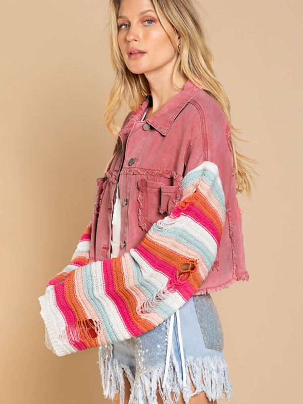 fashion denim rainbow long-sleeved splicing jacket kakaclo