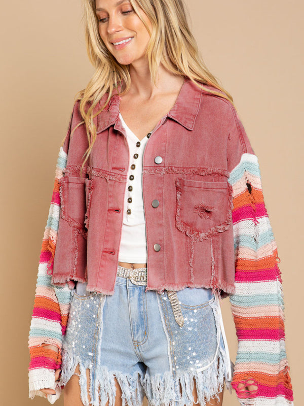 fashion denim rainbow long-sleeved splicing jacket kakaclo