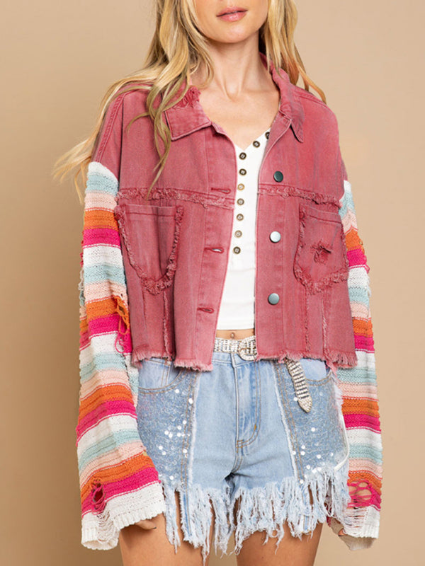 fashion denim rainbow long-sleeved splicing jacket kakaclo
