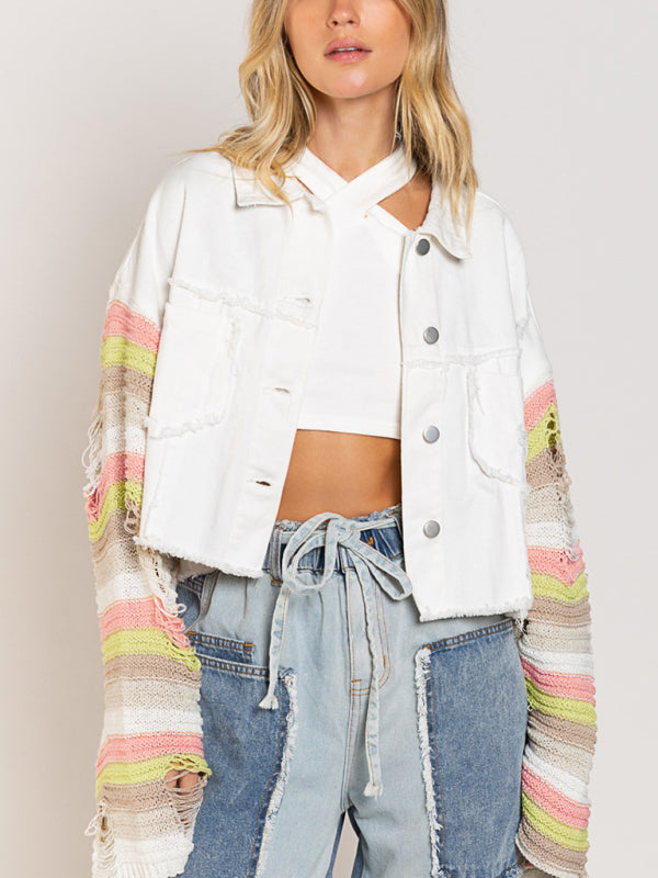 fashion denim rainbow long-sleeved splicing jacket kakaclo