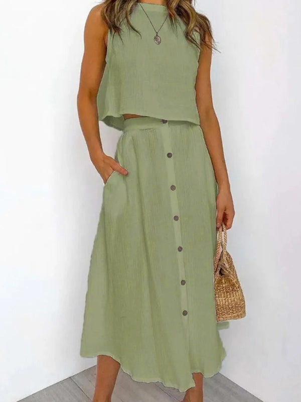 Round Neck Tank Mid-length Breasted Two-Piece Dress kakaclo