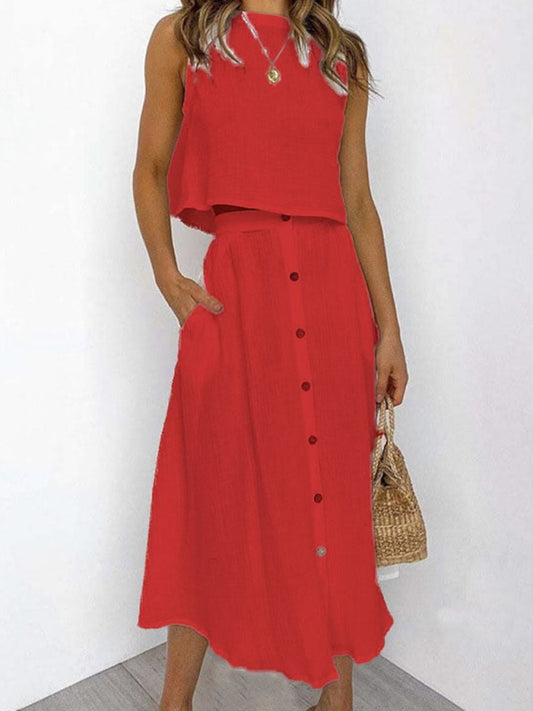 Round Neck Tank Mid-length Breasted Two-Piece Dress kakaclo
