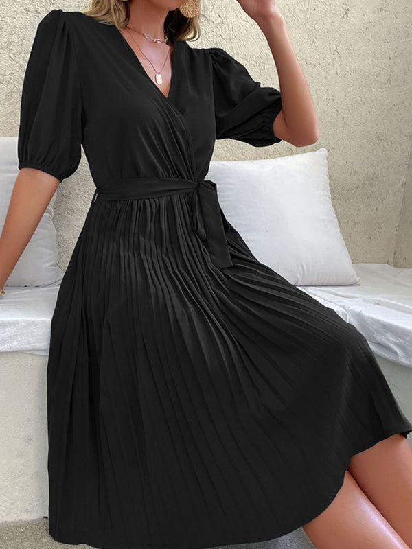 Solid Color Tie V Neck Pleated Dress BLUE ZONE PLANET