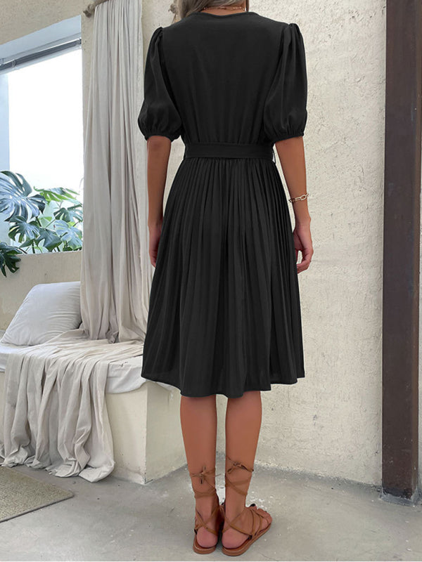 Solid Color Tie V Neck Pleated Dress BLUE ZONE PLANET