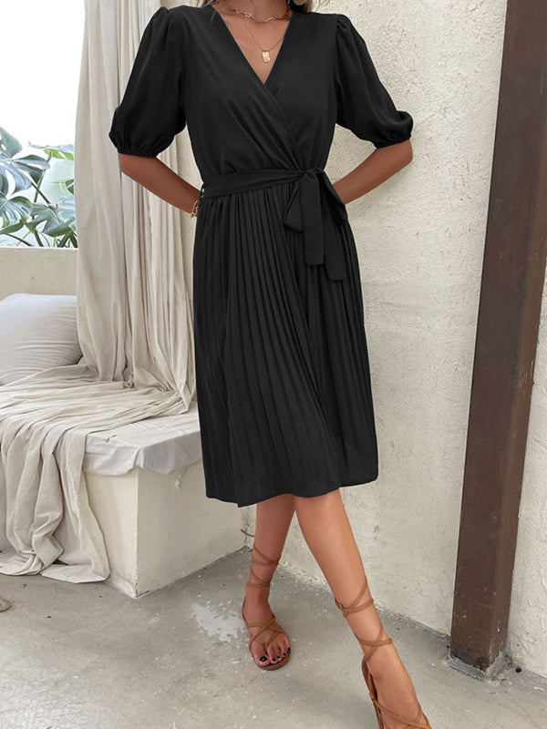 Solid Color Tie V Neck Pleated Dress BLUE ZONE PLANET