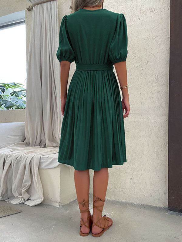 Solid Color Tie V Neck Pleated Dress BLUE ZONE PLANET